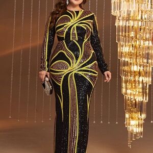 Glamorous Black and Gold Sequin Evening Gown